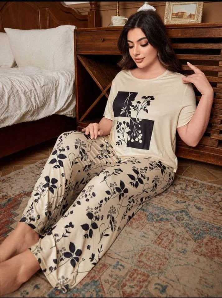 Cream Leaf Printed Night Suit – Half Sleeves Soft Comfortable Sleepwear