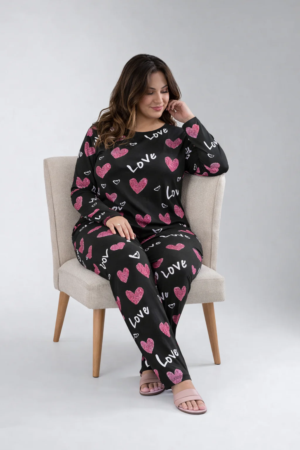 Black Love Heart Printed Night Suit for Women – Soft & Comfortable Sleepwear Set