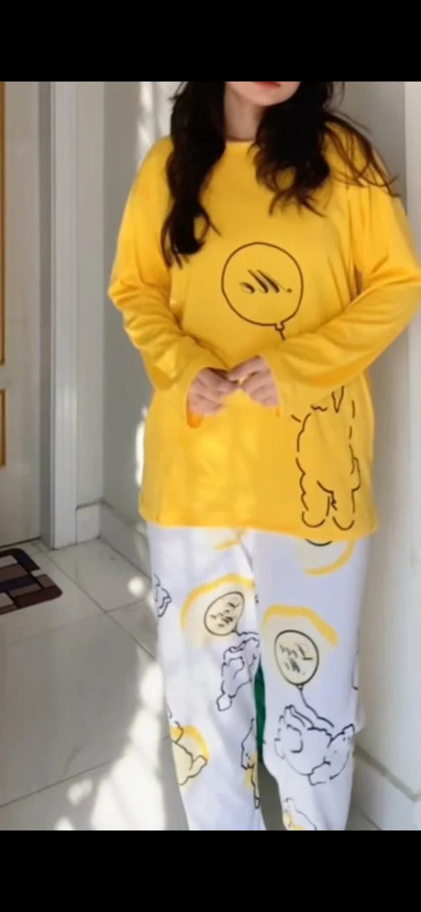Yellow Love Design Night Suit – Premium Fabric Sleepwear for Girls & Women