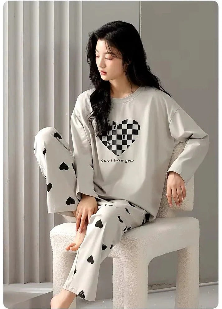 Grey Puzzle Heart Printed Night Suit – Soft Cotton Sleepwear
