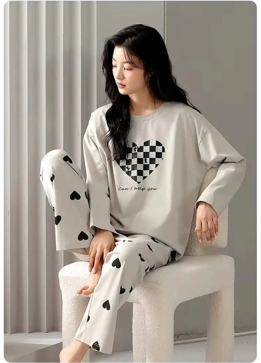 Grey Puzzle Heart Printed Night Suit