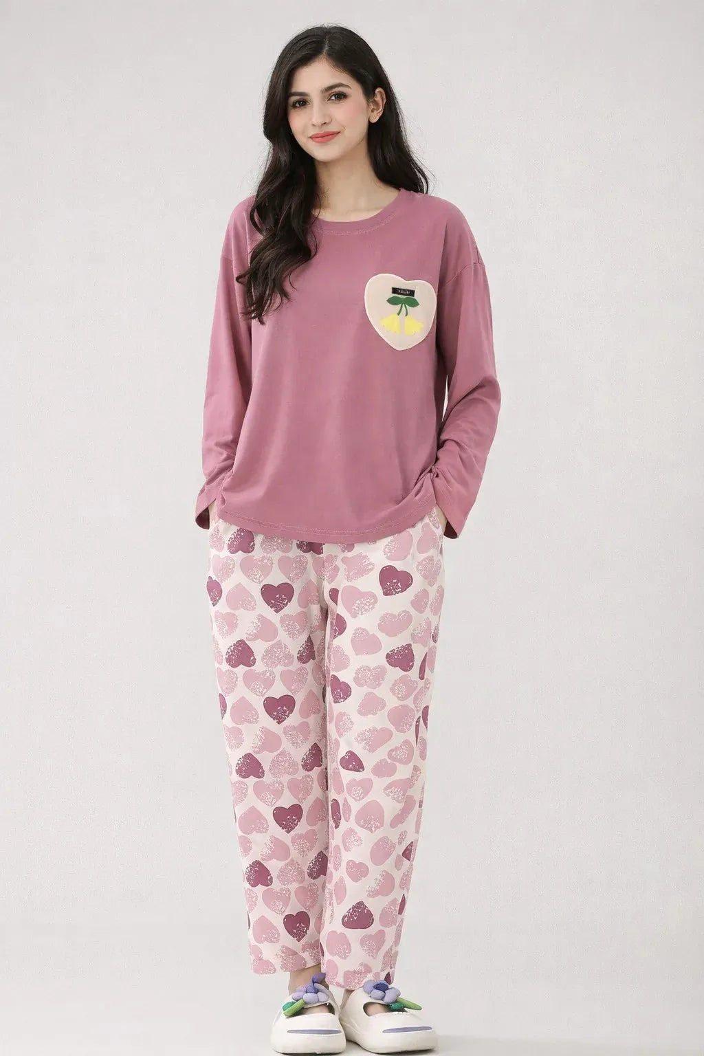 Pink Heart Design Night Suit for Women