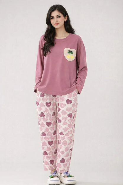 Pink Heart Design Night Suit for Women