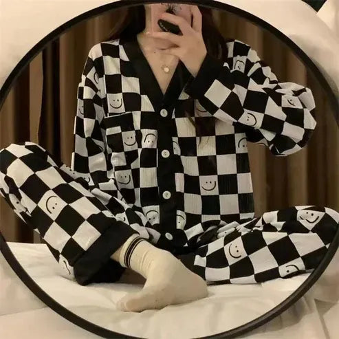 Black with White Smiley V-Neck Button Printed Night Suit