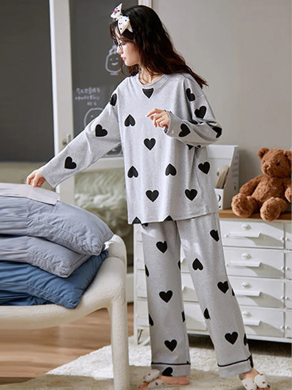 Grey Black Multi Heart Printed Night Suit – Soft Cotton Sleepwear