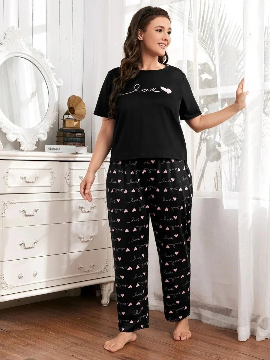 Black Small Heart Printed Night Suit – Soft Comfortable Sleepwear