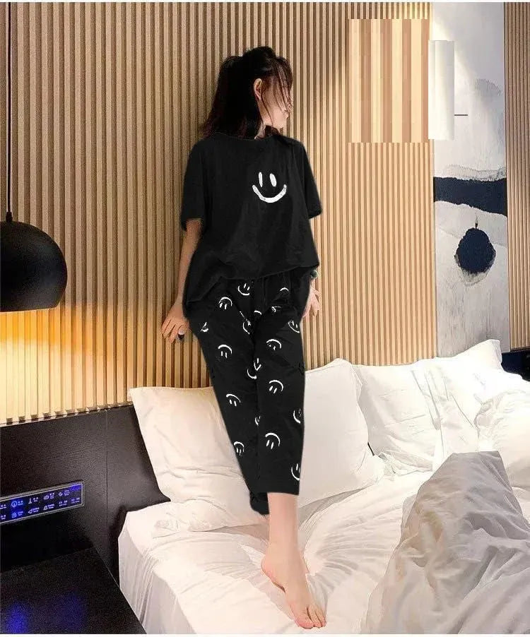 Black Smiley Printed Night Suit – Soft Comfortable Sleepwear