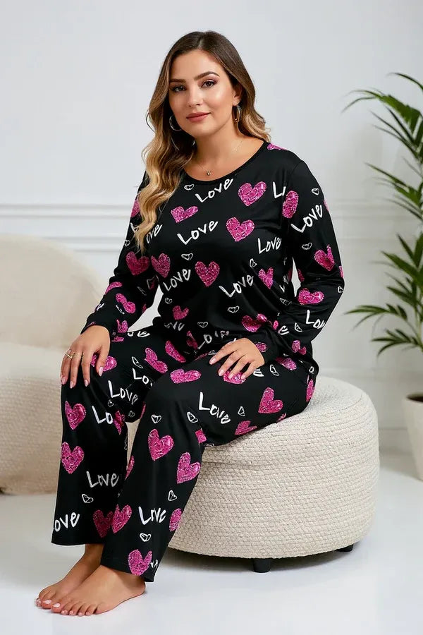 Black Love Heart Printed Night Suit for Women – Soft & Comfortable Sleepwear Set