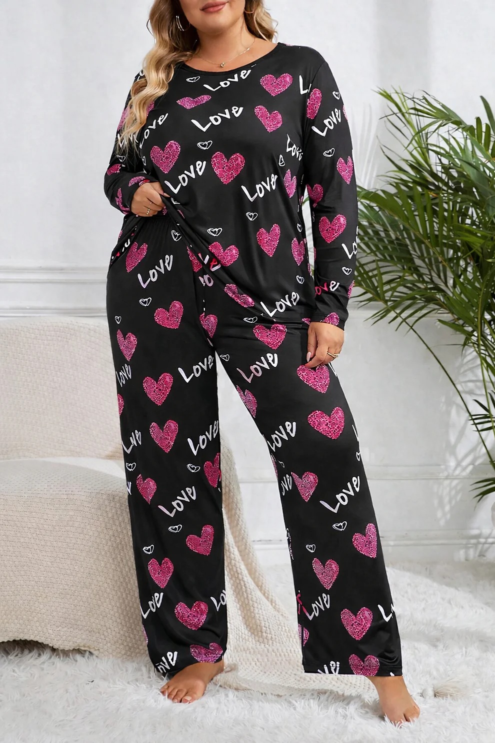 Black Love Heart Printed Night Suit for Women – Soft & Comfortable Sleepwear Set