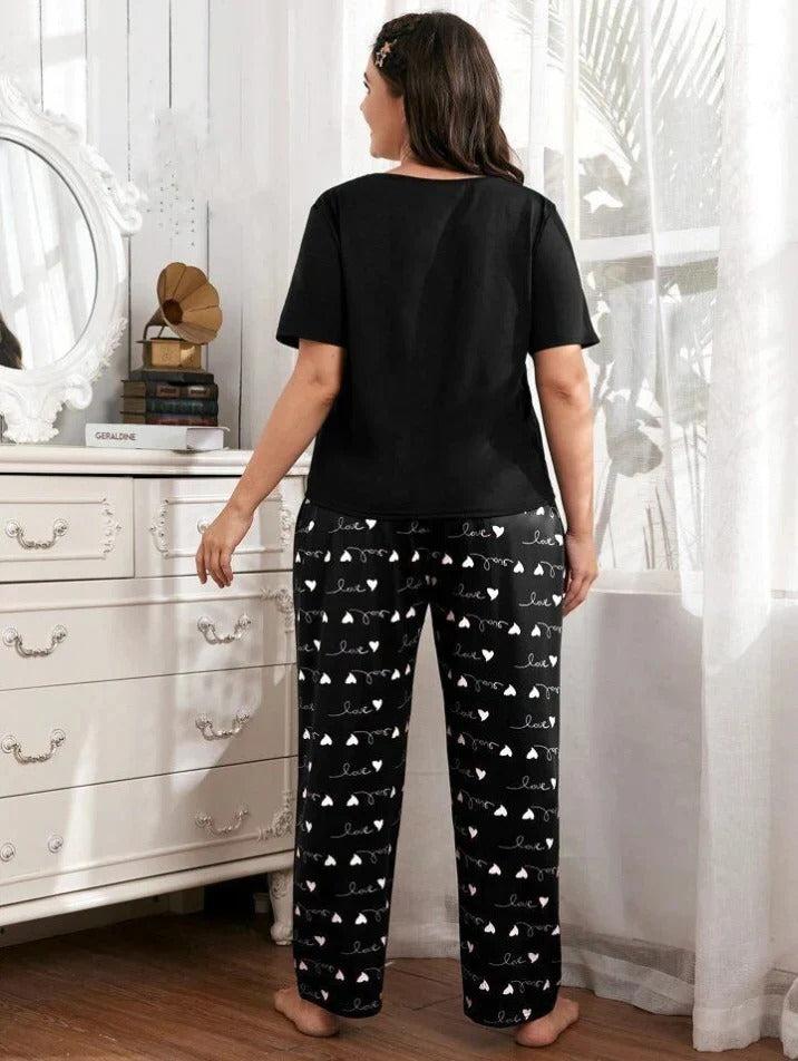 Black Small Heart Printed Night Suit – Soft Comfortable Sleepwear