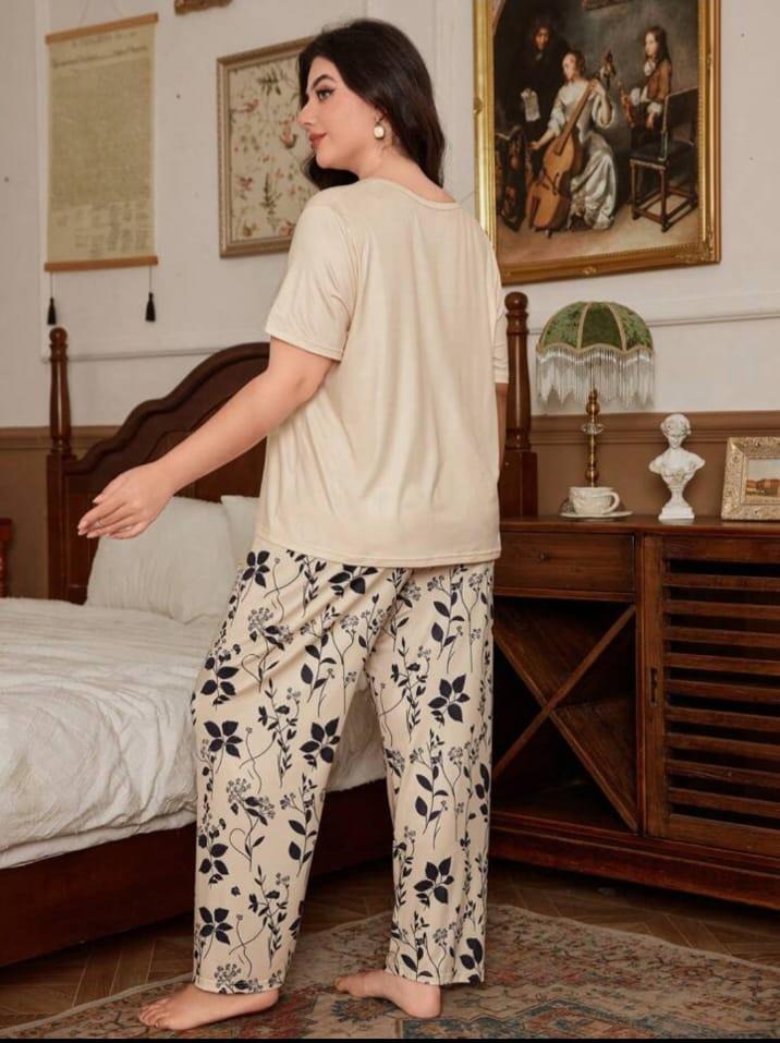 Cream Leaf Printed Night Suit – Half Sleeves Soft Comfortable Sleepwear