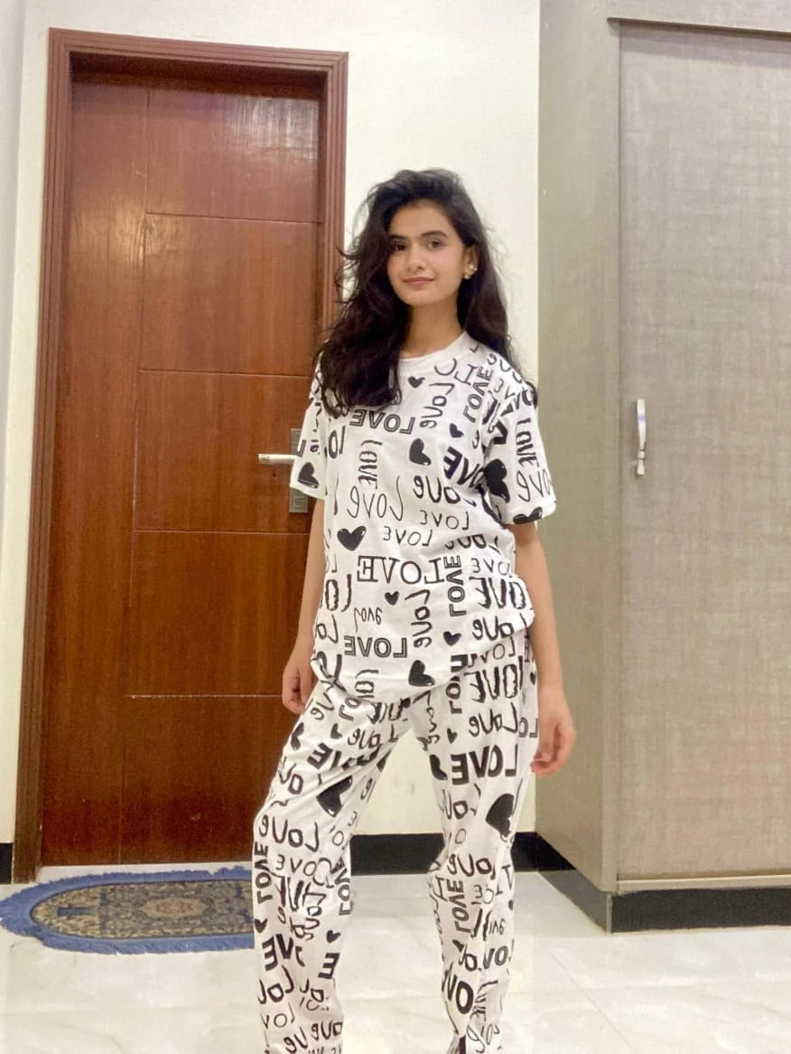 Drop Shoulder Love Printed Night Suit – Soft Comfortable Sleepwear
