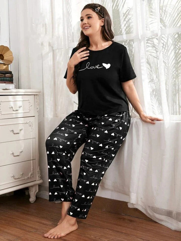 Black Small Heart Printed Night Suit – Soft Comfortable Sleepwear