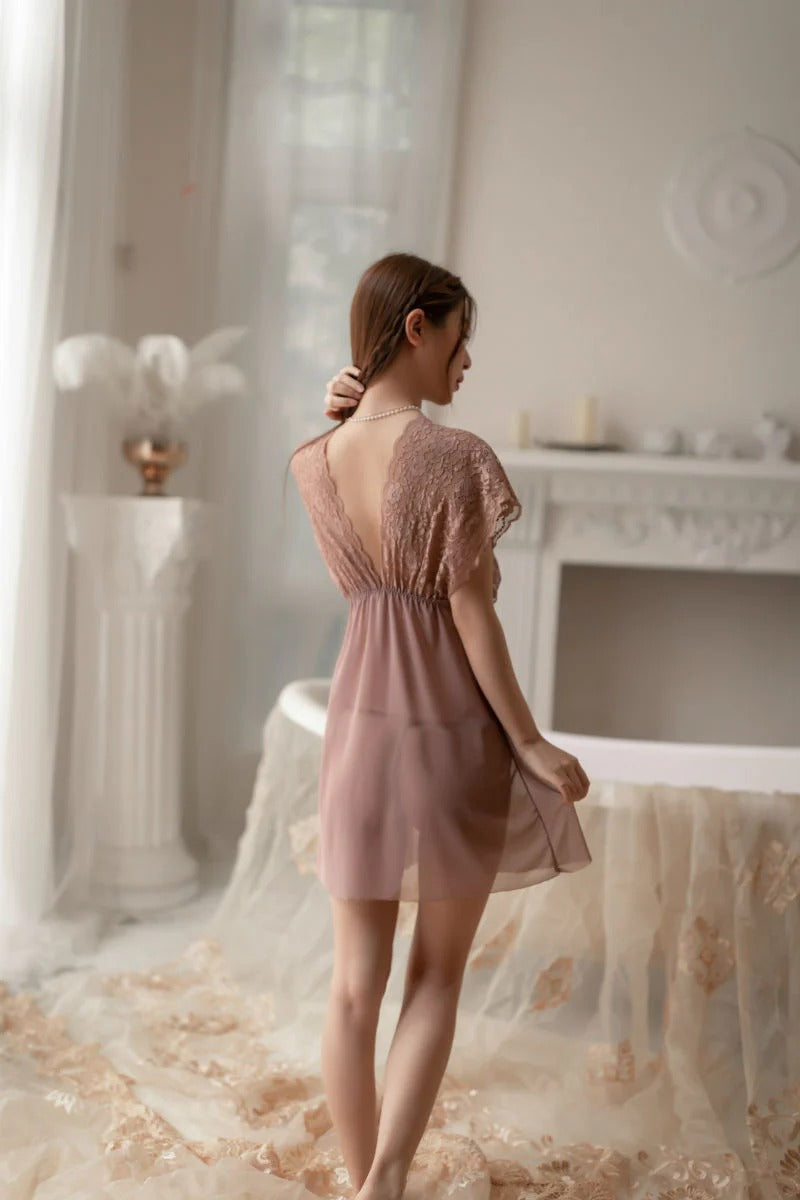 Lace Babydoll Lingerie – Open Front Sheer Night Dress with Panty
