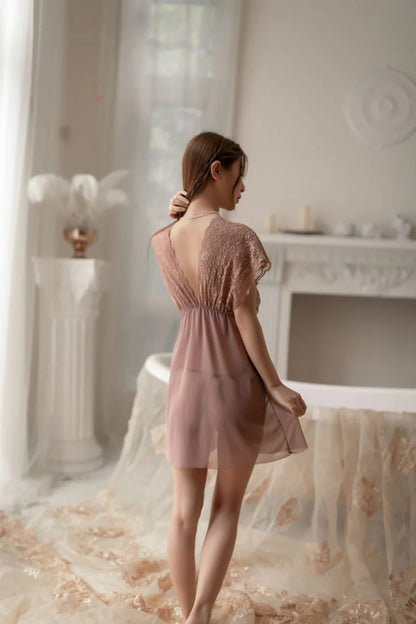 Lace Babydoll Lingerie – Open Front Sheer Night Dress with Panty