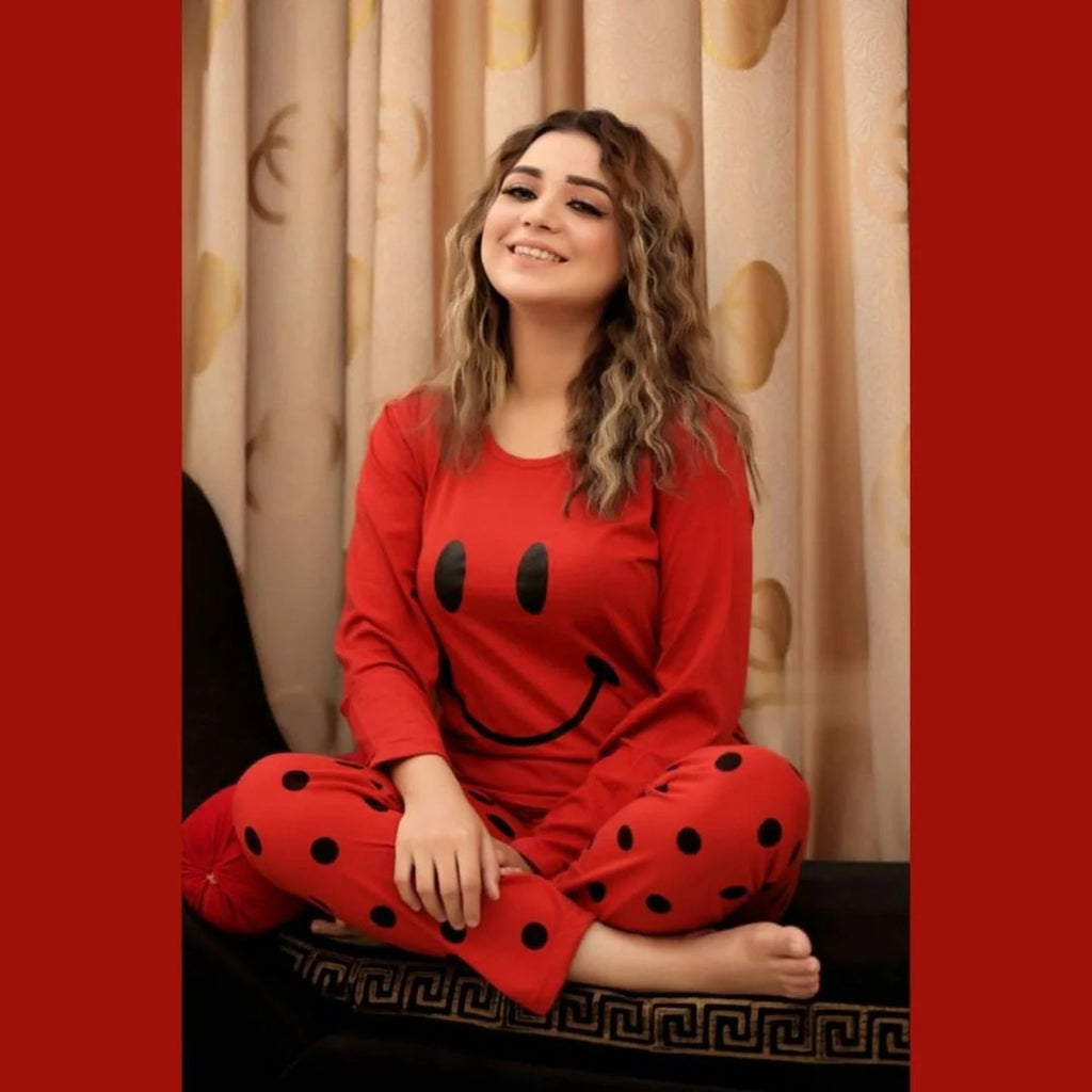 Red Smiley Full Sleeves Printed Pajama Night Suit for Women – Soft & Comfortable Sleepwear