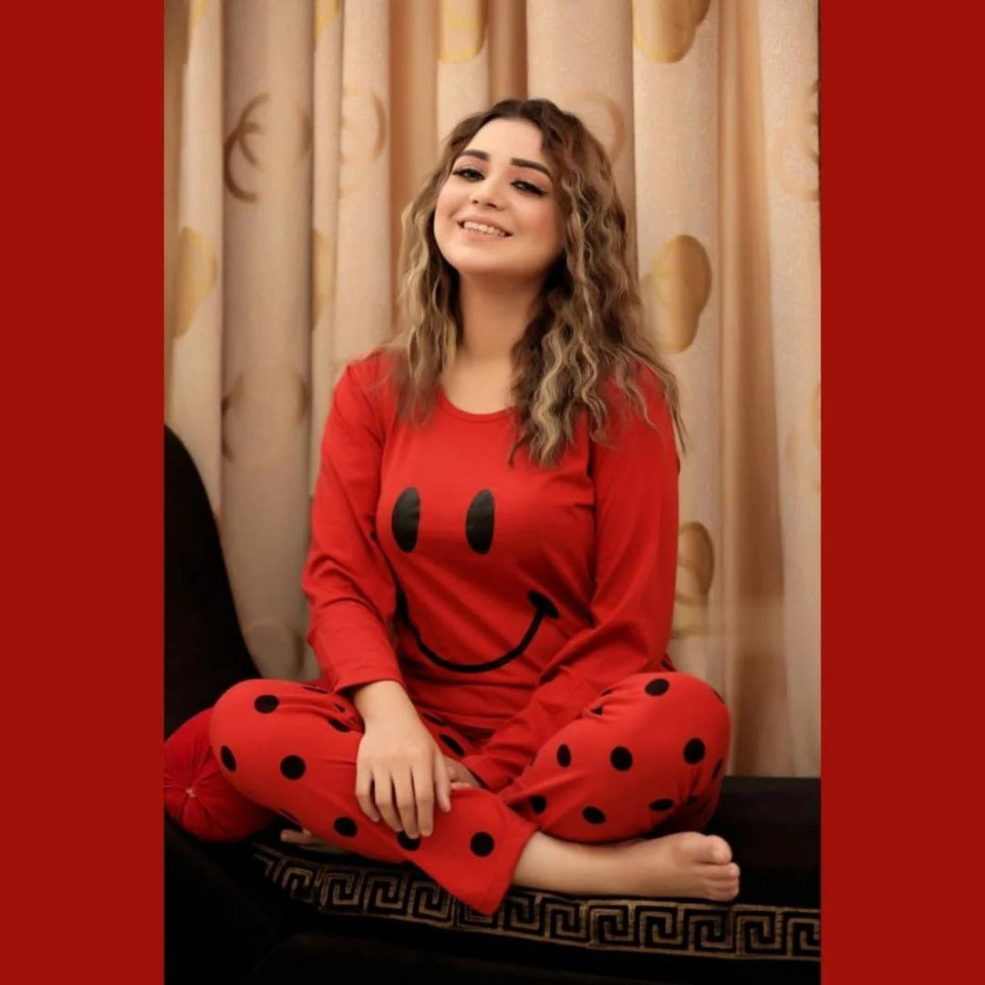 Red Smiley Full Sleeves Printed Pajama Night Suit for Women – Soft & Comfortable Sleepwear