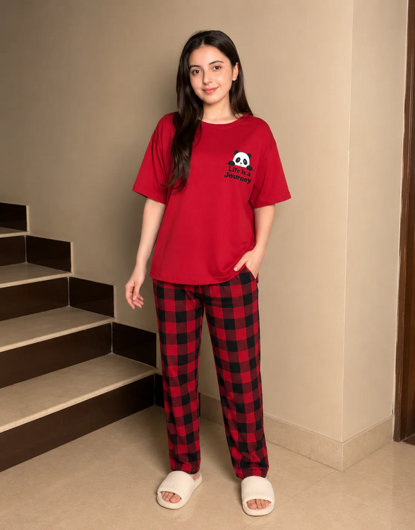 Red Panda Printed Night Suit for Girls