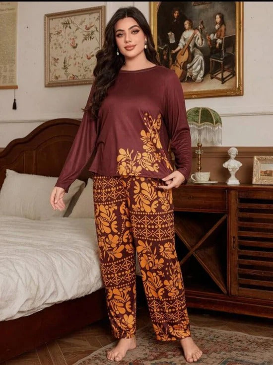 Mehroon Leaves Printed Night Suit for Women – Soft Cotton Comfortable Sleepwear