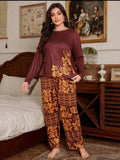 Mehroon Leaves Printed Night Suit for Women – Soft Cotton Comfortable Sleepwear
