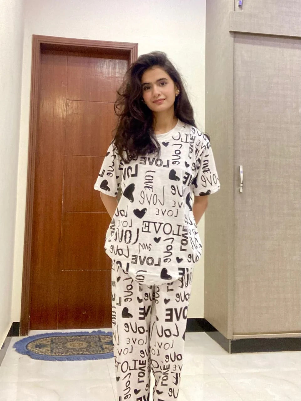 Drop Shoulder Love Printed Night Suit – Soft Comfortable Sleepwear