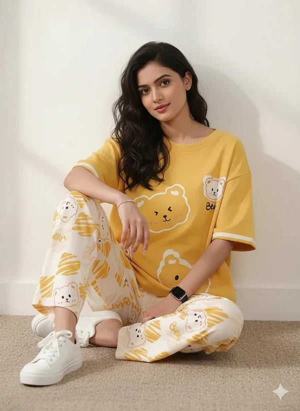 Yellow 3 Bear Design Night Suit for Girls